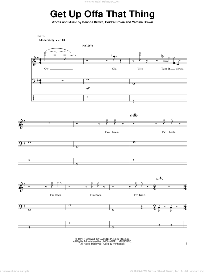 Get Up Offa That Thing sheet music for bass (tablature) (bass guitar) by James Brown, Deanna Brown, Deidra Brown and Yamma Brown, intermediate skill level
