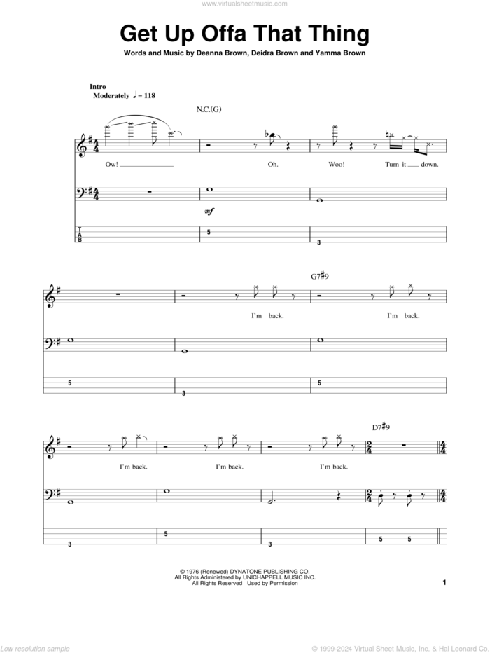 Get Up Offa That Thing sheet music for bass (tablature) (bass guitar) by James Brown, Deanna Brown, Deidra Brown and Yamma Brown, intermediate skill level