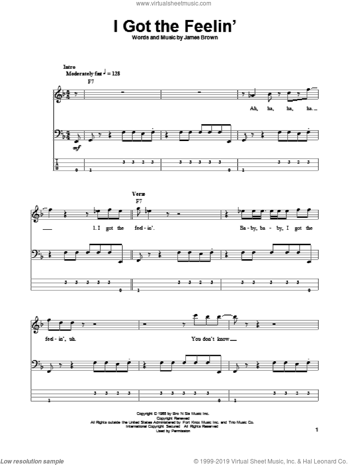 I Got The Feelin' sheet music for bass (tablature) (bass guitar) by James Brown, intermediate skill level
