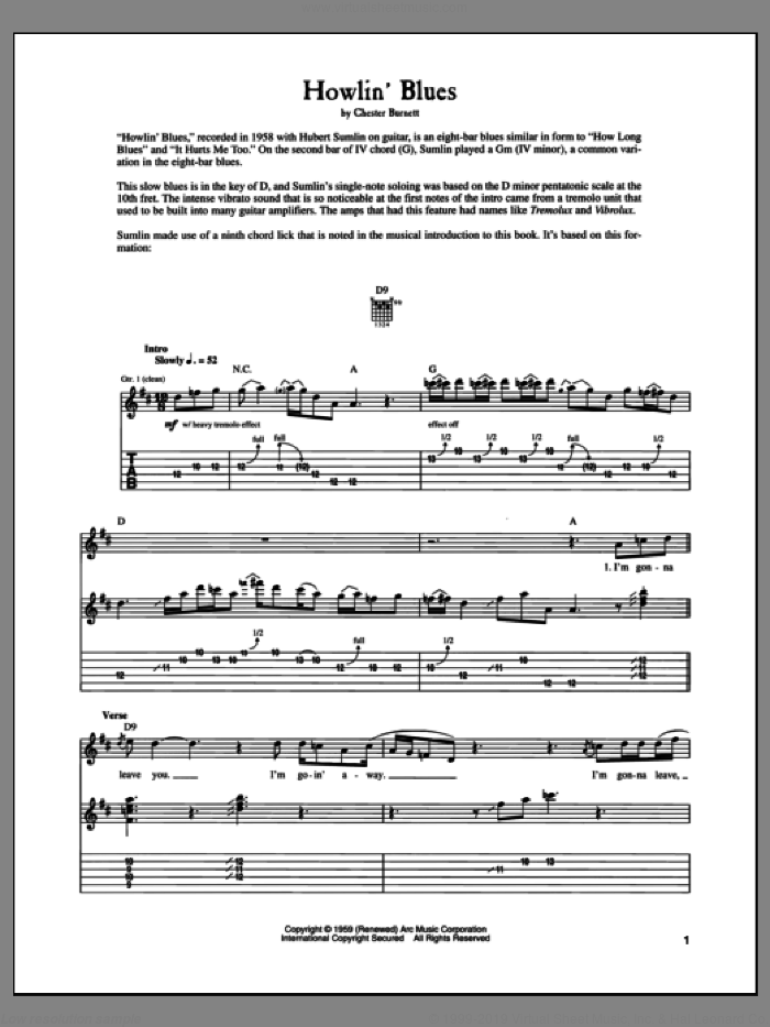 Howlin' Blues sheet music for guitar (tablature) by Howlin' Wolf and Chester Burnett, intermediate skill level