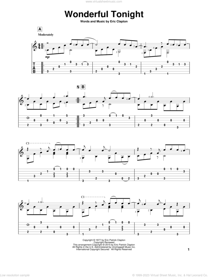 Wonderful Tonight sheet music for guitar solo by Eric Clapton, David Kersh and John Hill, wedding score, intermediate skill level