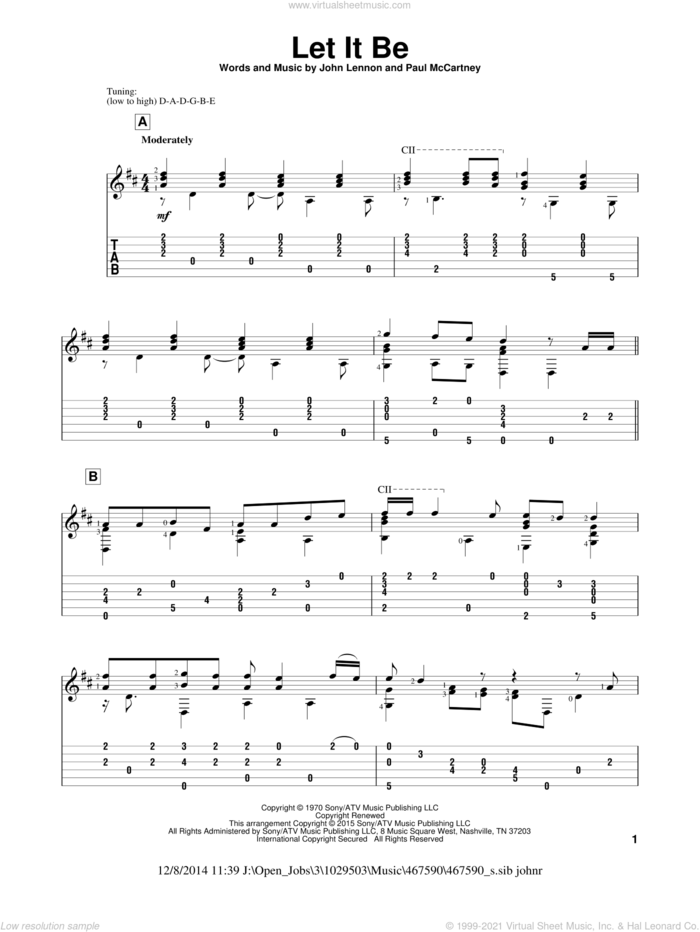 Let It Be sheet music for guitar solo by The Beatles, John Hill, Kris Allen, John Lennon and Paul McCartney, intermediate skill level
