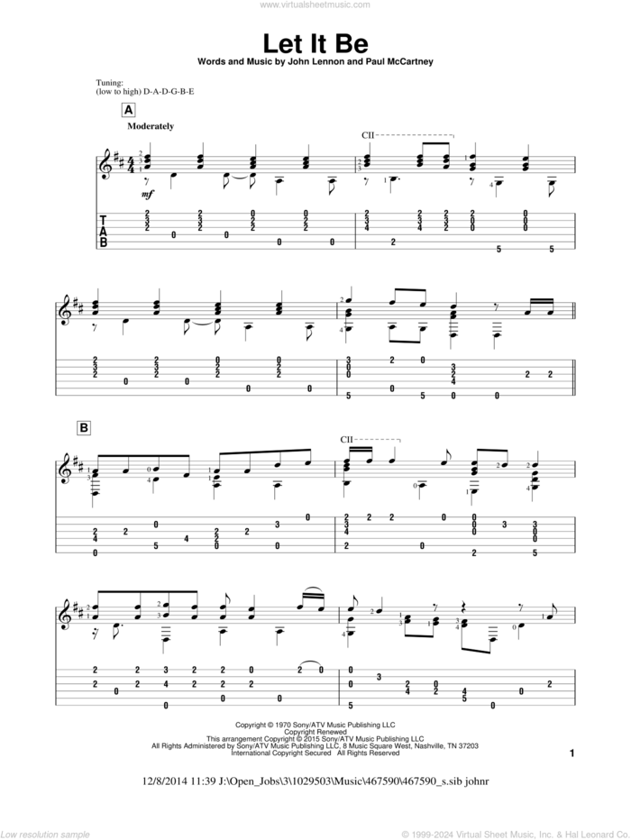 Let It Be sheet music for guitar solo by The Beatles, John Hill, Kris Allen, John Lennon and Paul McCartney, intermediate skill level