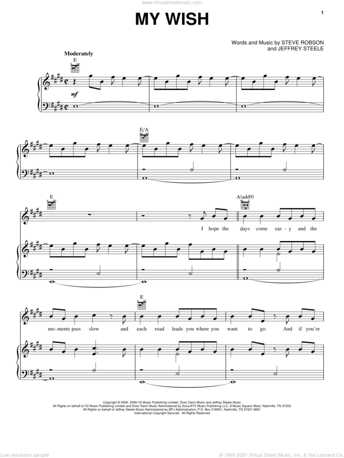 My Wish sheet music for voice, piano or guitar by Rascal Flatts, Jeffrey Steele and Steve Robson, intermediate skill level