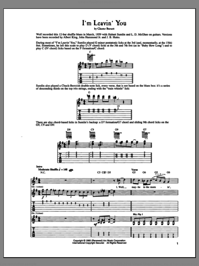 I'm Leavin' You sheet music for guitar (tablature) by Howlin' Wolf and Chester Burnett, intermediate skill level