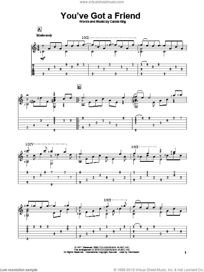 You've Got A Friend sheet music for guitar solo by James Taylor, John Hill and Carole King, intermediate skill level