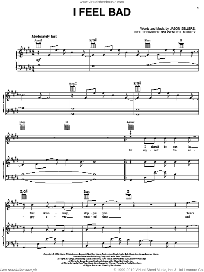 I Feel Bad sheet music for voice, piano or guitar by Rascal Flatts, Jason Sellers, Neil Thrasher and Wendell Mobley, intermediate skill level