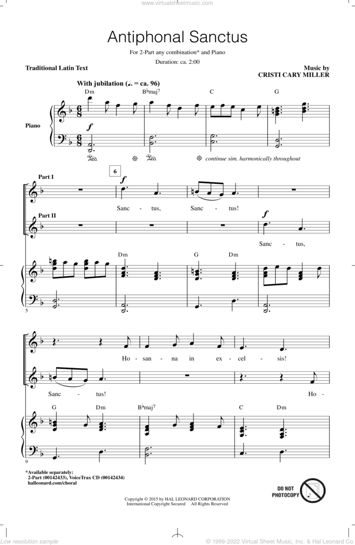 Antiphonal Sanctus sheet music for choir (2-Part) by Cristi Cary Miller, intermediate duet