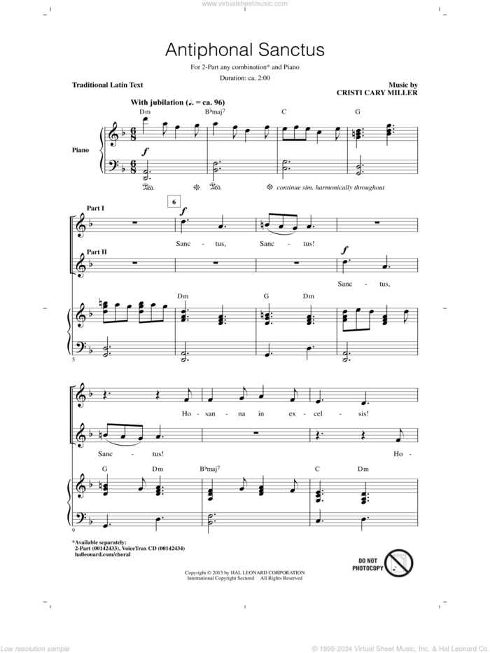 Antiphonal Sanctus sheet music for choir (2-Part) by Cristi Cary Miller, intermediate duet