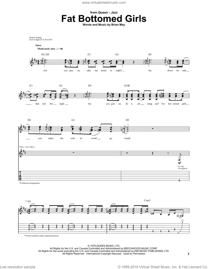 Fat Bottomed Girls sheet music for guitar (tablature) by Queen, Glee Cast and Brian May, intermediate skill level
