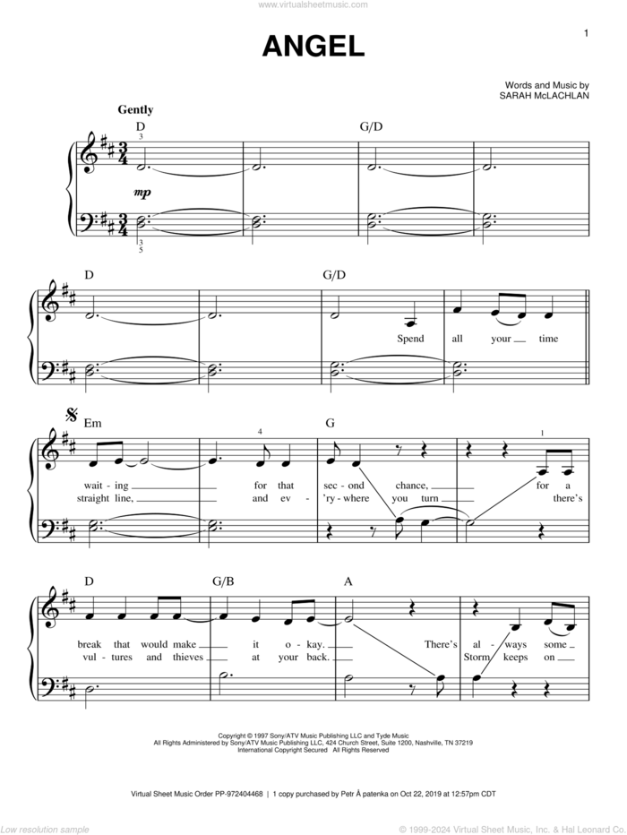 Angel sheet music for piano solo by Sarah McLachlan, beginner skill level