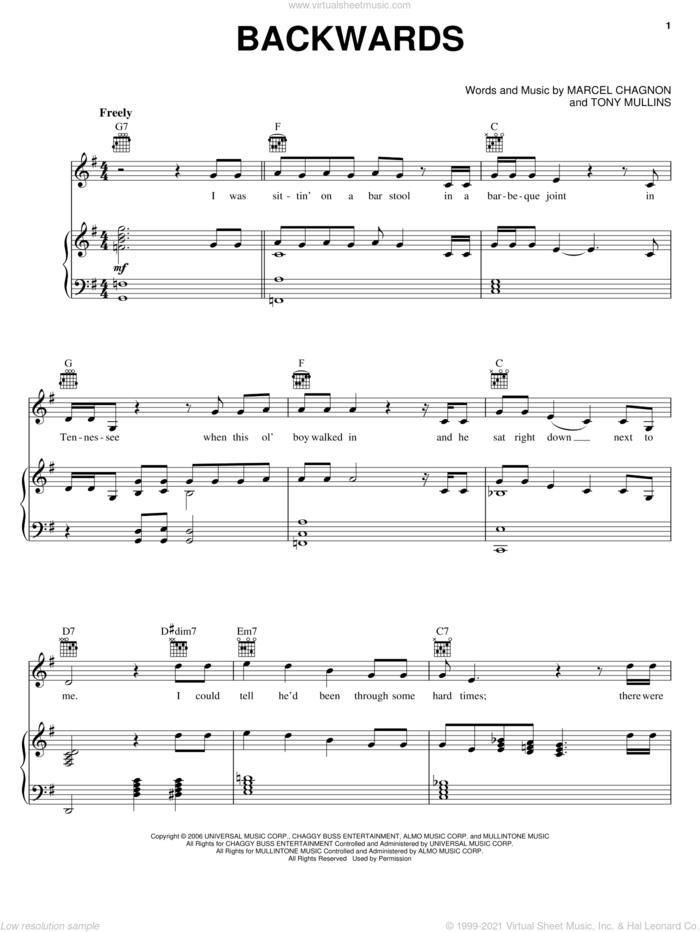 Backwards sheet music for voice, piano or guitar by Rascal Flatts, Marcel Chagnon and Tony Mullins, intermediate skill level
