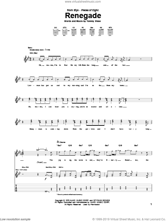 Renegade sheet music for guitar (tablature) by Styx and Tommy Shaw, intermediate skill level