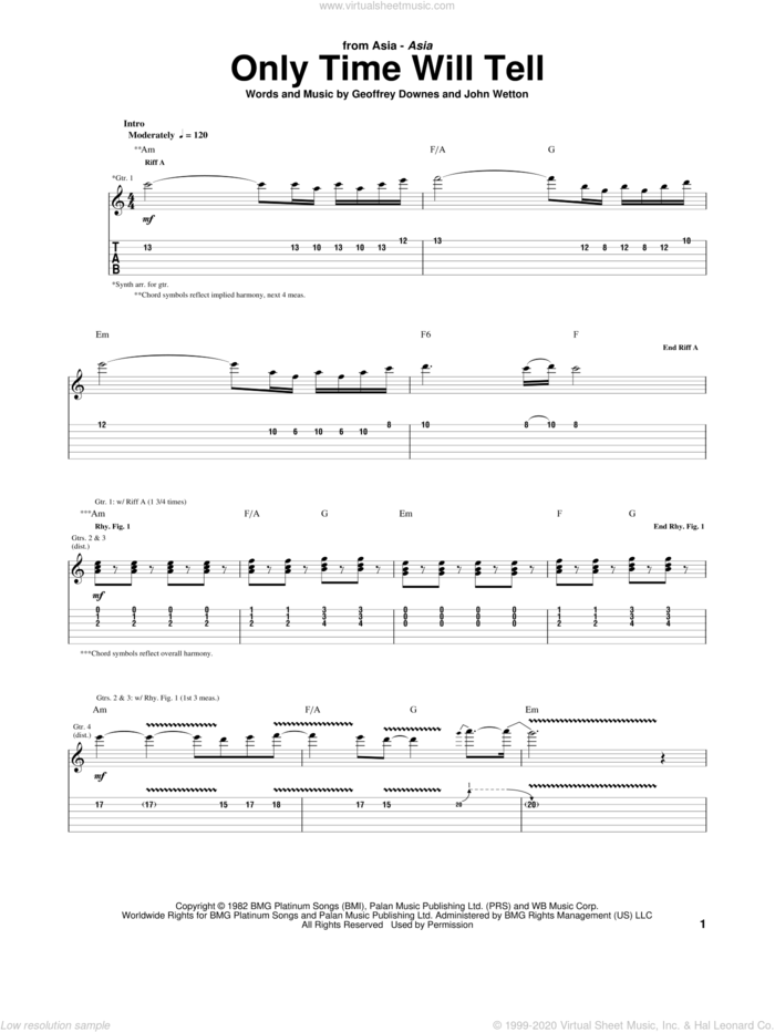 Only Time Will Tell sheet music for guitar (tablature) by Asia, Geoff Downes and John Wetton, intermediate skill level