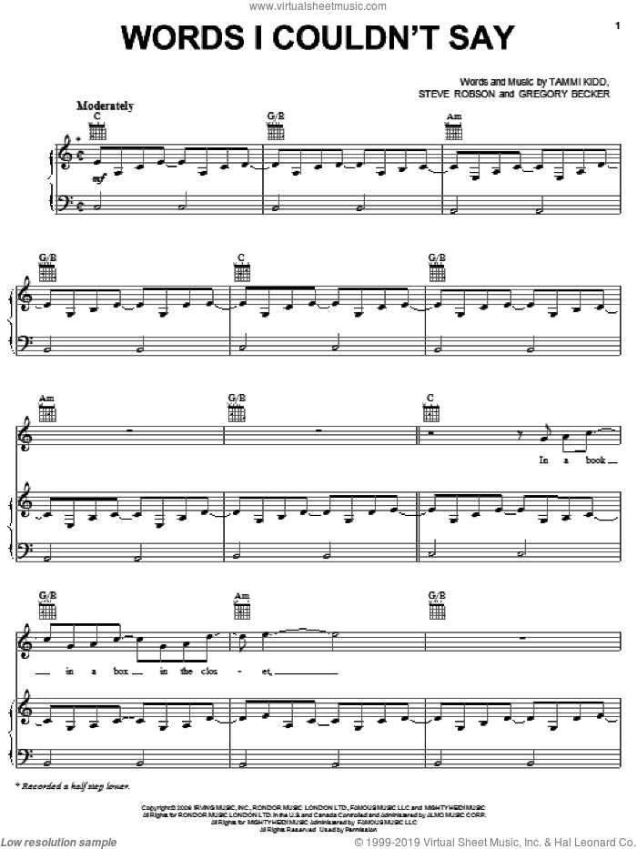 Words I Couldn't Say sheet music for voice, piano or guitar by Rascal Flatts, Gregory Becker, Steve Robson and Tammi Kidd, intermediate skill level