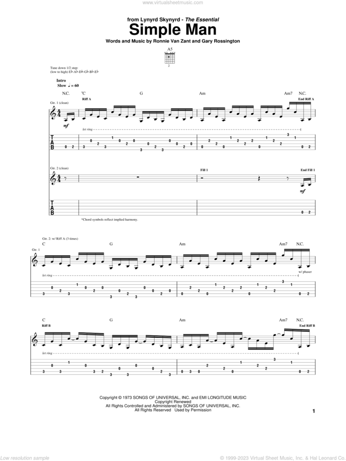 Simple Man sheet music for guitar (tablature) by Lynyrd Skynyrd, Gary Rossington and Ronnie Van Zant, intermediate skill level