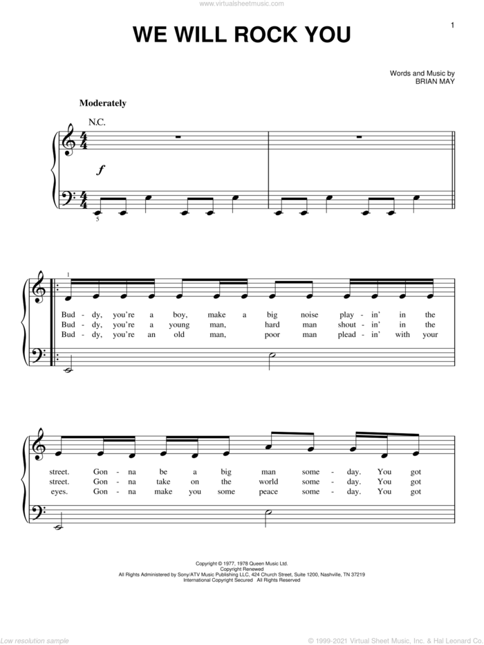 We Will Rock You, (beginner) sheet music for piano solo by Queen and Brian May, beginner skill level