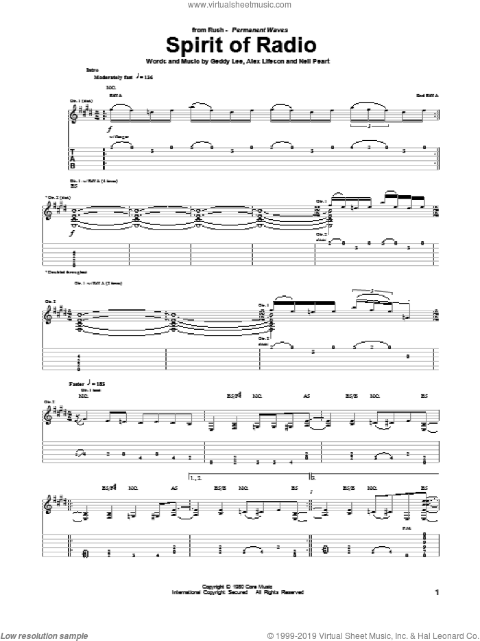 Spirit Of Radio sheet music for guitar (tablature) by Rush, Alex Lifeson, Geddy Lee and Neil Peart, intermediate skill level
