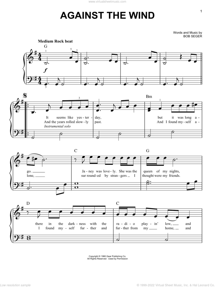 Against The Wind sheet music for piano solo by Bob Seger & The Silver Bullet Band and Bob Seger, beginner skill level