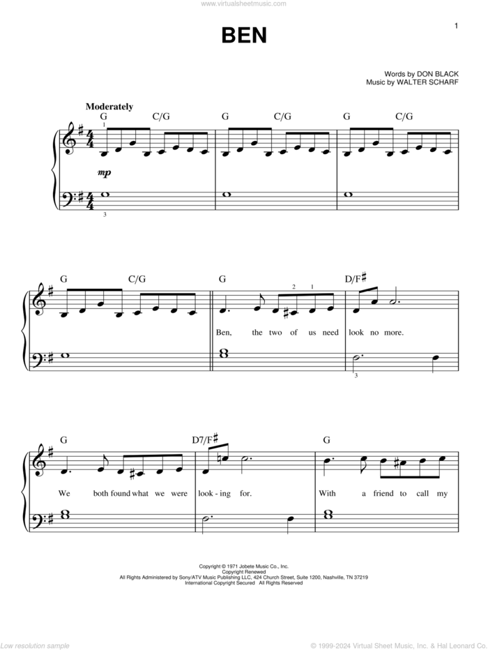 Ben, (beginner) sheet music for piano solo by Michael Jackson, Don Black and Walter Scharf, beginner skill level