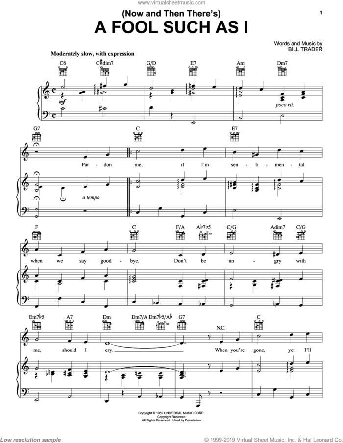 (Now And Then There's) A Fool Such As I sheet music for voice, piano or guitar by Elvis Presley and Bill Trader, intermediate skill level