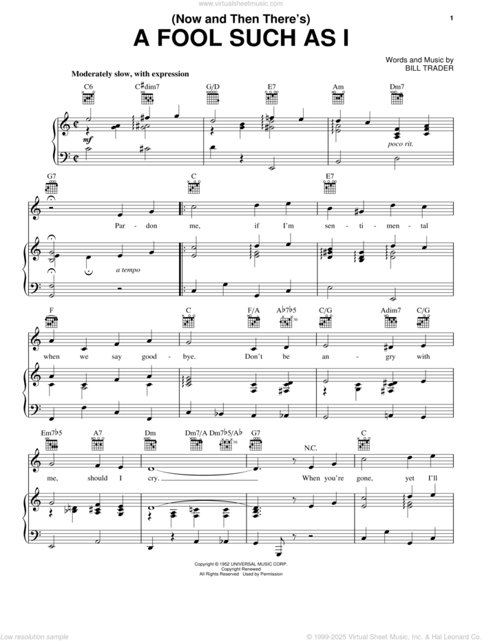 (Now And Then There's) A Fool Such As I sheet music for voice, piano or guitar by Elvis Presley and Bill Trader, intermediate skill level