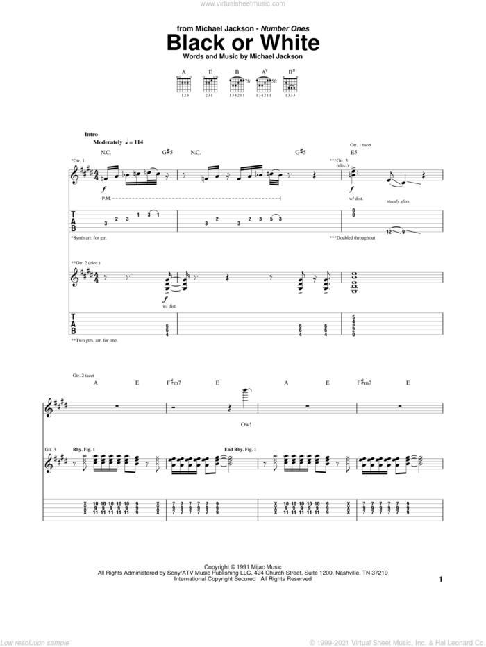 Black Or White sheet music for guitar (tablature) by Michael Jackson, intermediate skill level
