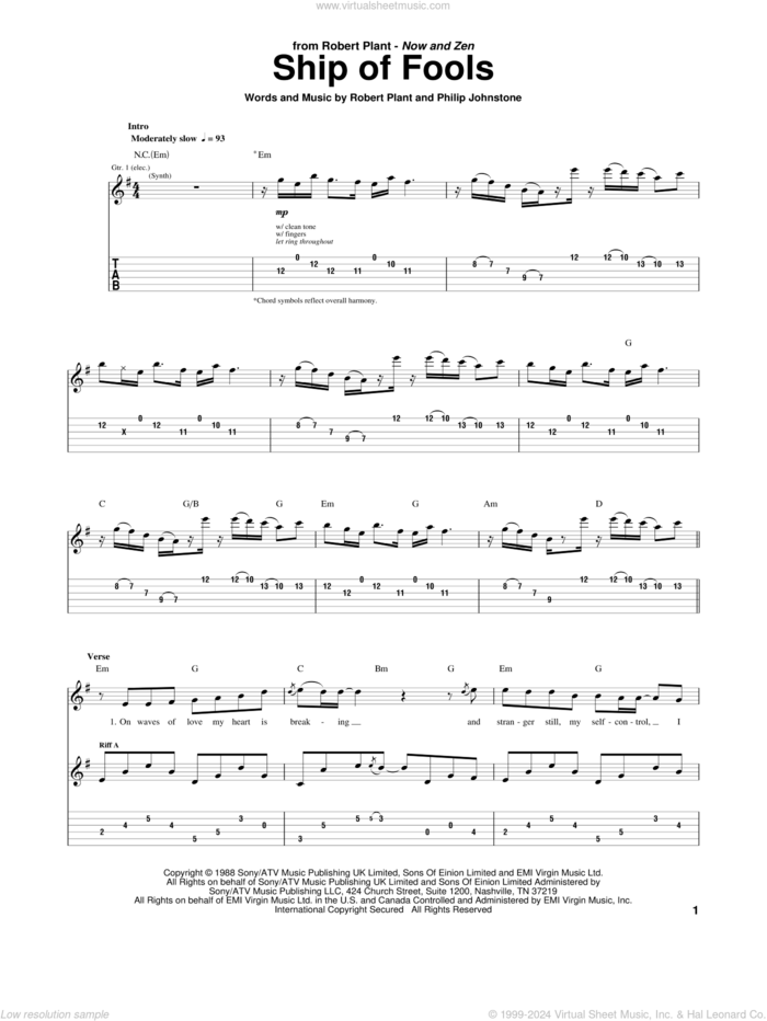 Ship Of Fools sheet music for guitar (tablature) by Robert Plant and Philip Johnstone, intermediate skill level