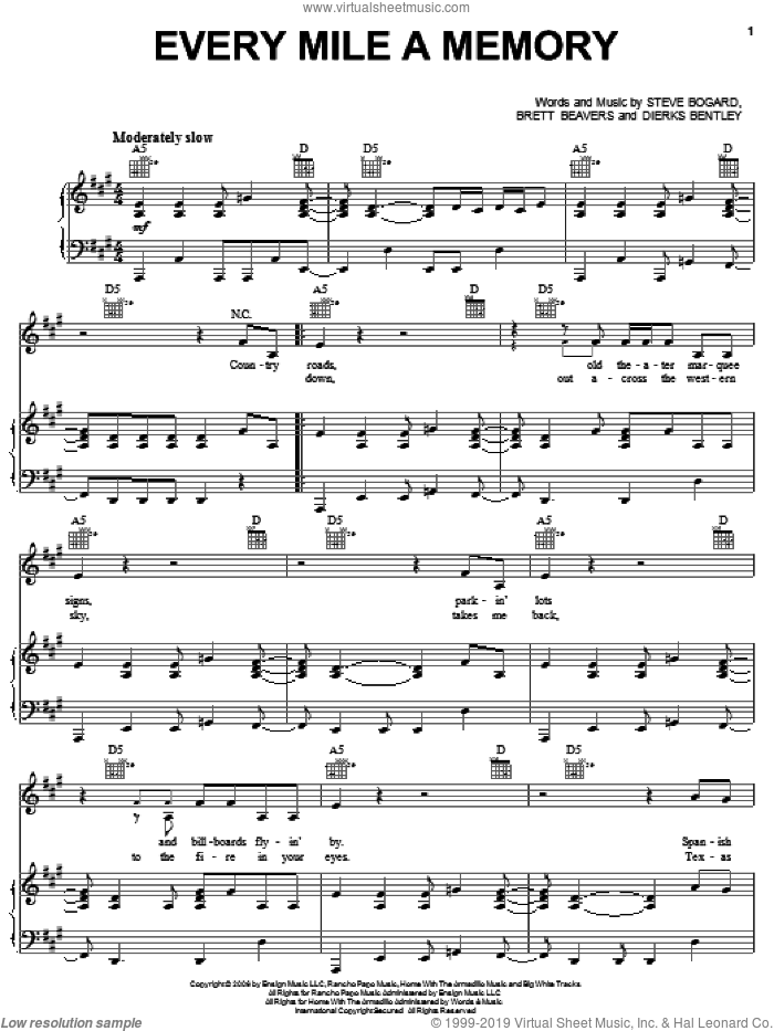 Every Mile A Memory sheet music for voice, piano or guitar by Dierks Bentley, Brett Beavers and Steve Bogard, intermediate skill level
