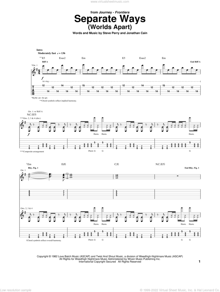 Separate Ways (Worlds Apart) sheet music for guitar (tablature) by Journey, Jonathan Cain and Steve Perry, intermediate skill level