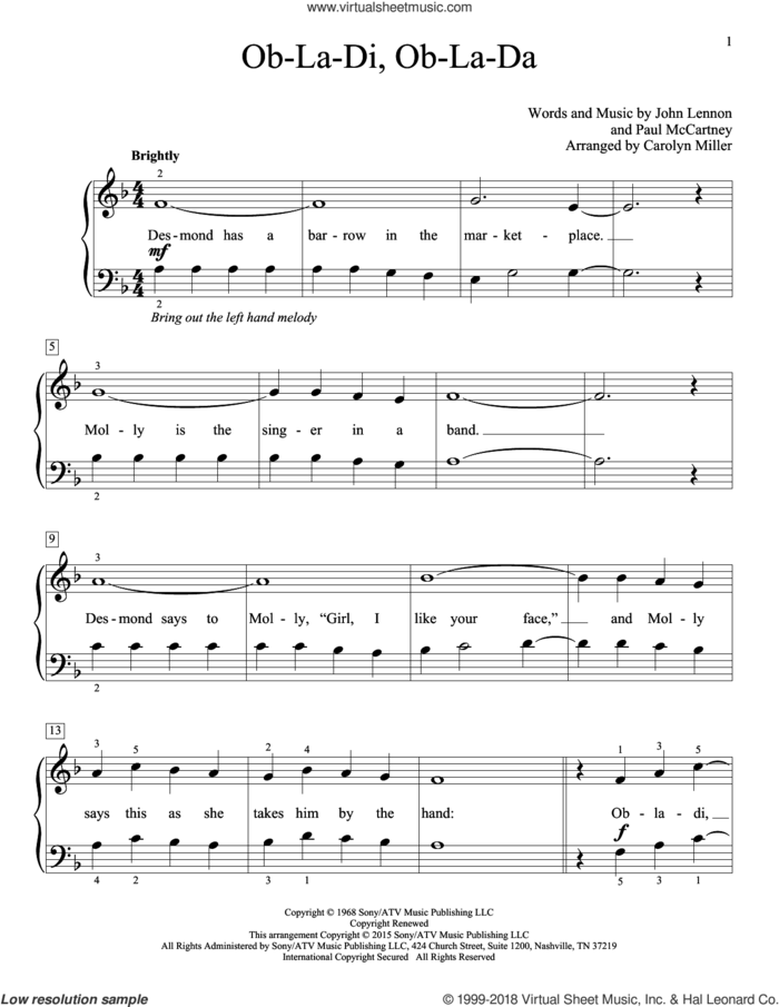 Ob-La-Di, Ob-La-Da (arr. Carolyn Miller) sheet music for piano solo (elementary) by Paul McCartney, Carolyn Miller, The Beatles, John Thompson and John Lennon, beginner piano (elementary)