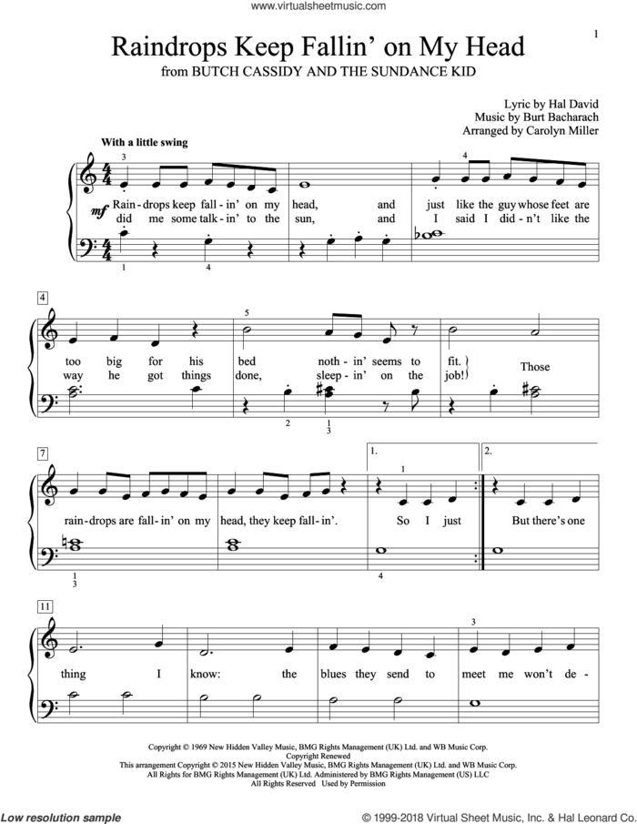 Raindrops Keep Fallin' On My Head sheet music for piano solo (elementary) by Burt Bacharach, B.J. Thomas, Carolyn Miller, John Thompson and Hal David, beginner piano (elementary)