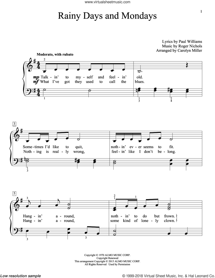 Rainy Days And Mondays sheet music for piano solo (elementary) by Paul Williams, Carolyn Miller, Carpenters, John Thompson and Roger Nichols, beginner piano (elementary)
