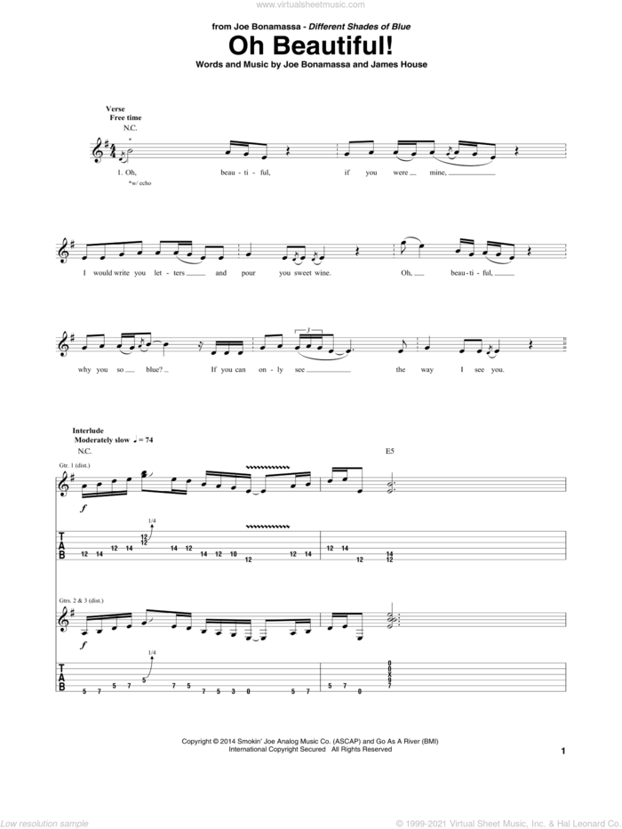 Oh Beautiful! sheet music for guitar (tablature) by Joe Bonamassa and James House, intermediate skill level