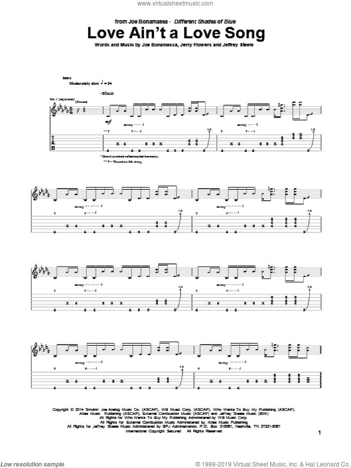 Love Ain't A Love Song sheet music for guitar (tablature) by Joe Bonamassa, Jeffrey Steele and Jerry Flowers, intermediate skill level