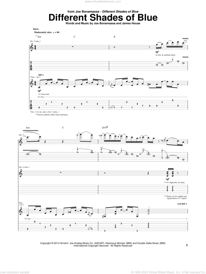 Different Shades Of Blue sheet music for guitar (tablature) by Joe Bonamassa and James House, intermediate skill level