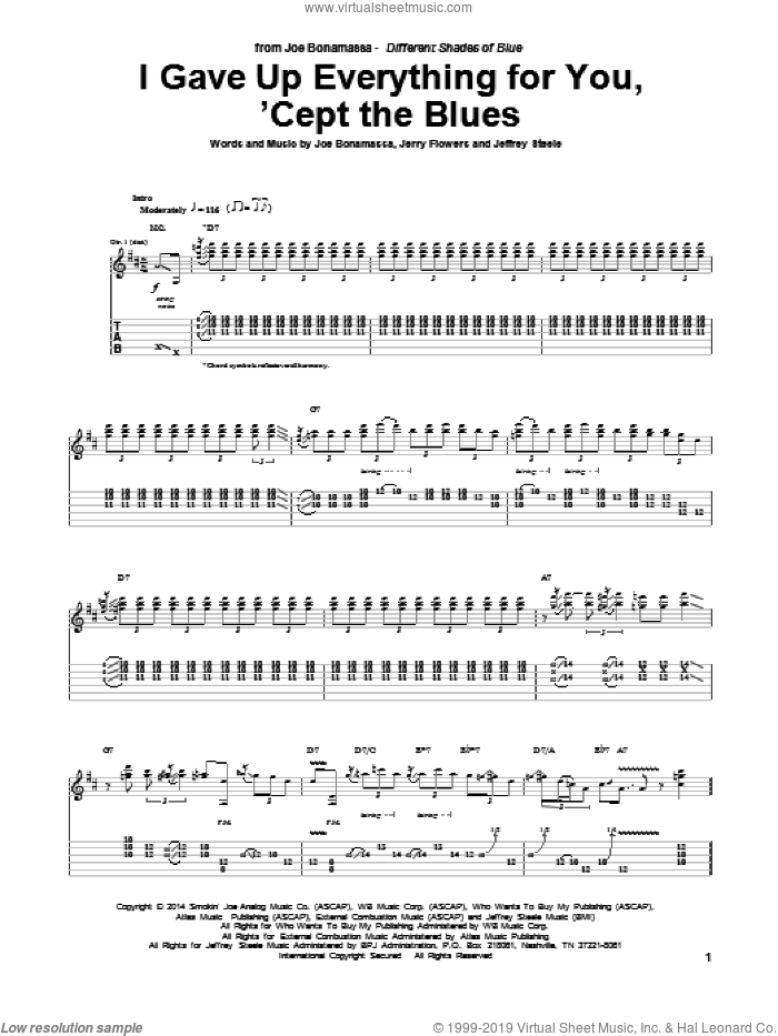I Gave Up Everything For You, 'Cept The Blues sheet music for guitar (tablature) by Joe Bonamassa, Jeffrey Steele and Jerry Flowers, intermediate skill level