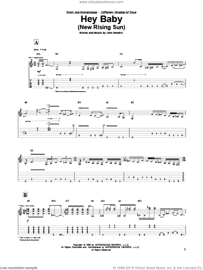 Hey Baby (New Rising Sun) sheet music for guitar (tablature) by Joe Bonamassa and Jimi Hendrix, intermediate skill level