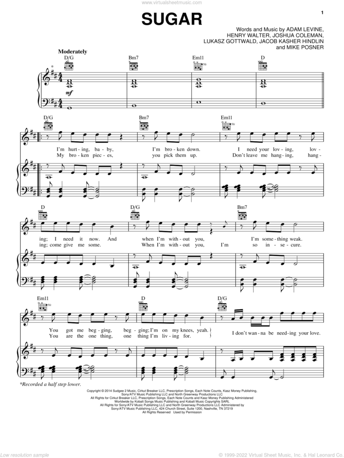 Sugar sheet music for voice, piano or guitar by Maroon 5, Adam Levine, Henry Walter, Jacob Kasher Hindlin, Joshua Coleman, Lukasz Gottwald and Mike Posner, intermediate skill level