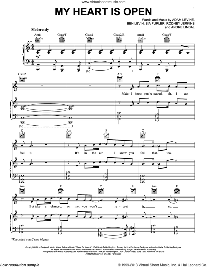 My Heart Is Open sheet music for voice, piano or guitar by Maroon 5, Adam Levine, Andre Lindal, Benjamin Levin, Rodney Jerkins and Sia Furler, intermediate skill level
