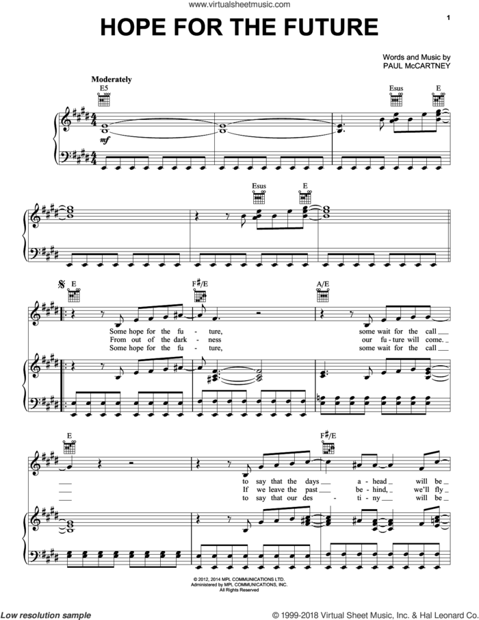 Hope For The Future sheet music for voice, piano or guitar by Paul McCartney, intermediate skill level