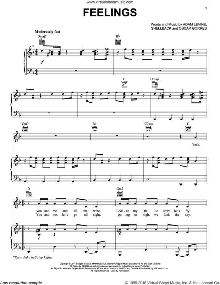 Feelings sheet music for voice, piano or guitar by Maroon 5, Adam Levine, Oscar Gorres and Shellback, intermediate skill level