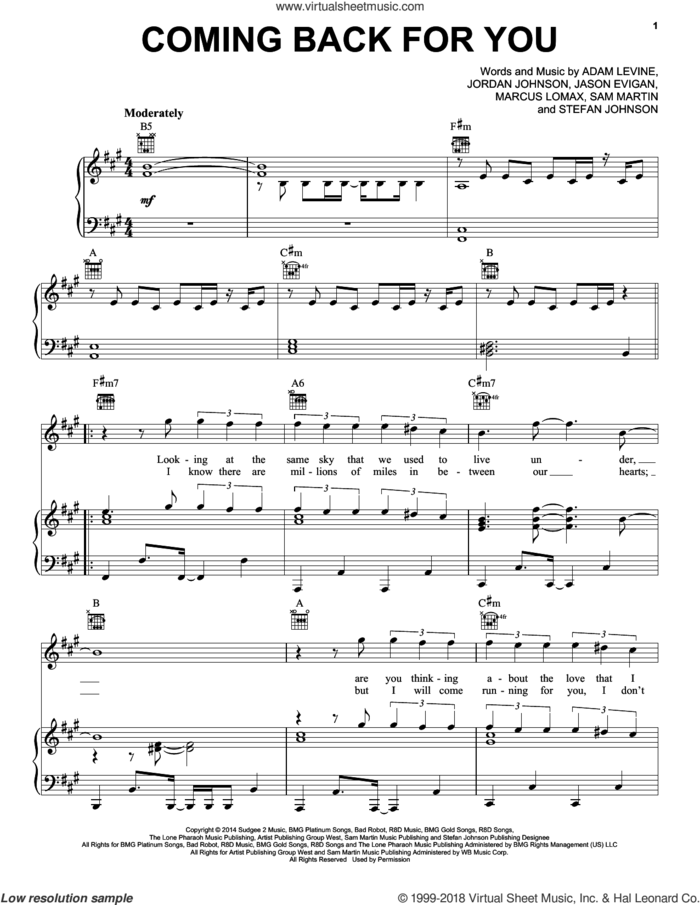Coming Back For You sheet music for voice, piano or guitar by Maroon 5, Adam Levine, Jason Evigan, Jordan Johnson, Marcus Lomax, Sam Martin and Stefan Johnson, intermediate skill level