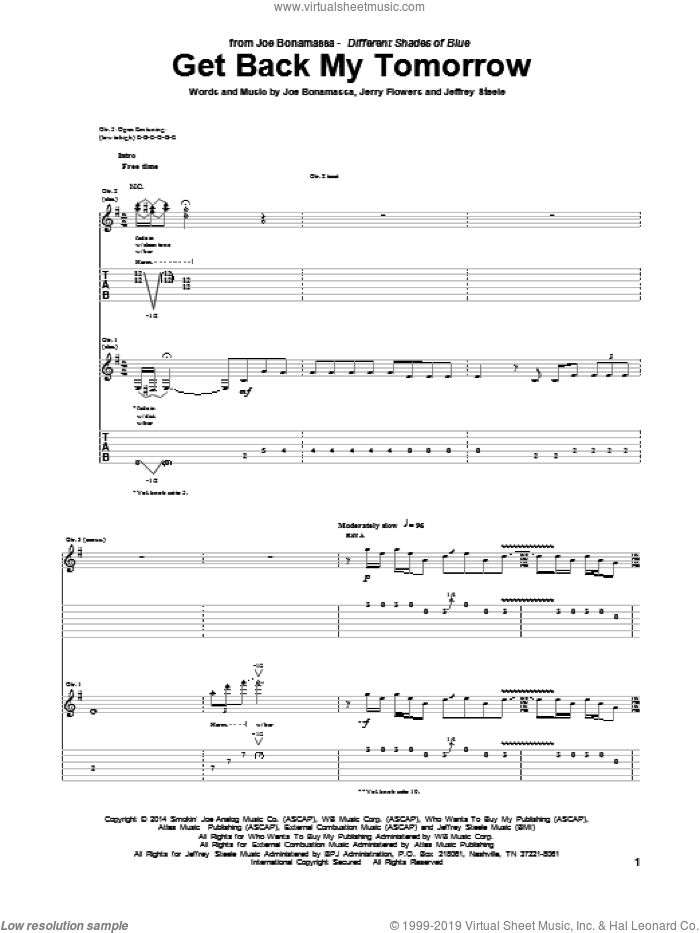Get Back My Tomorrow sheet music for guitar (tablature) by Joe Bonamassa, Jeffrey Steele and Jerry Flowers, intermediate skill level