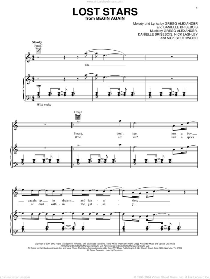 Lost Stars sheet music for voice, piano or guitar by Maroon 5, Danielle Brisebois, Gregg Alexander, Nick Lashley and Nick Southwood, intermediate skill level