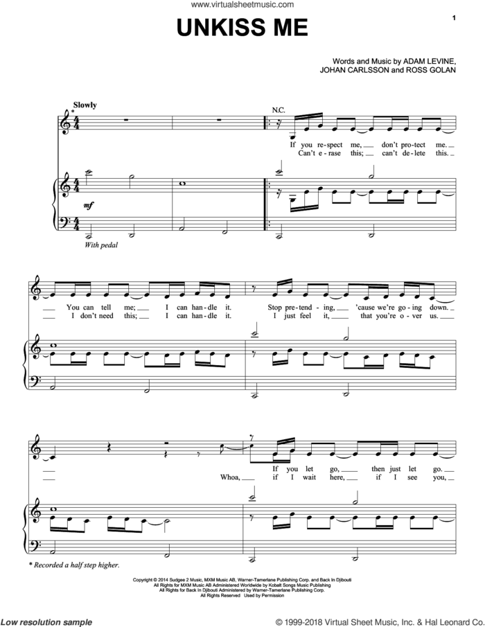 Unkiss Me sheet music for voice, piano or guitar by Maroon 5, Adam Levine, Johan Carlsson and Ross Golan, intermediate skill level
