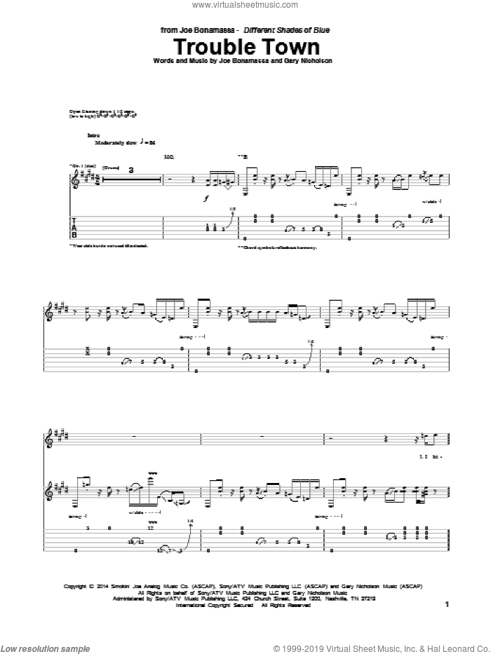 Trouble Town sheet music for guitar (tablature) by Joe Bonamassa and Gary Nicholson, intermediate skill level