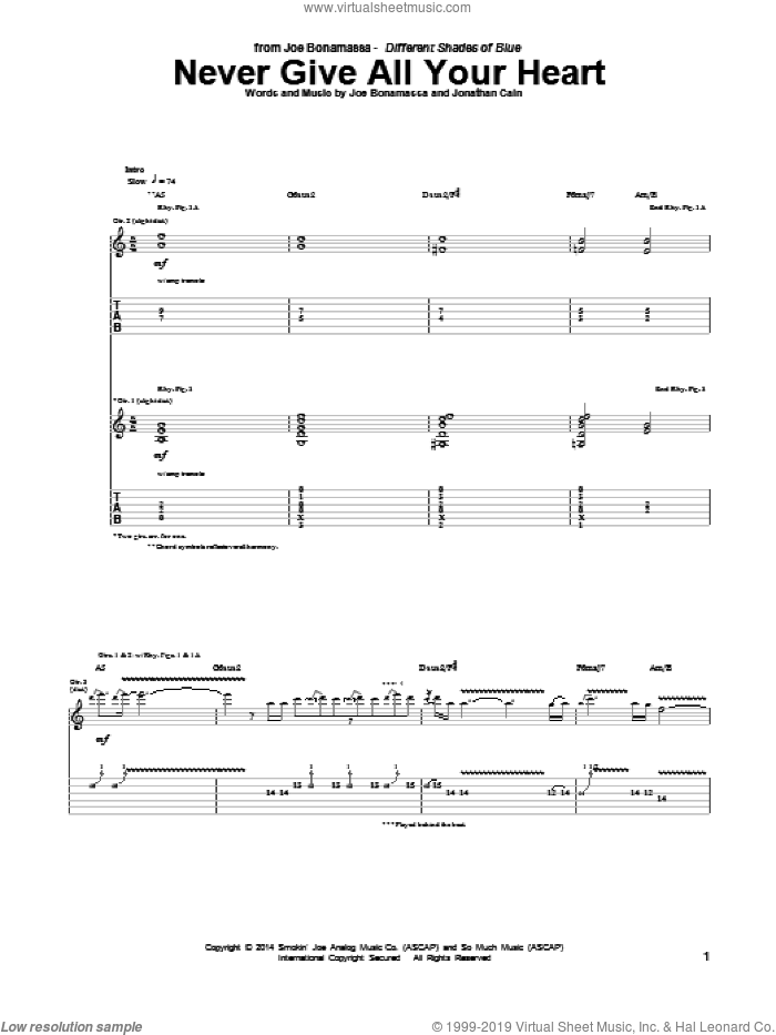 Never Give All Your Heart sheet music for guitar (tablature) by Joe Bonamassa and Jonathan Cain, intermediate skill level