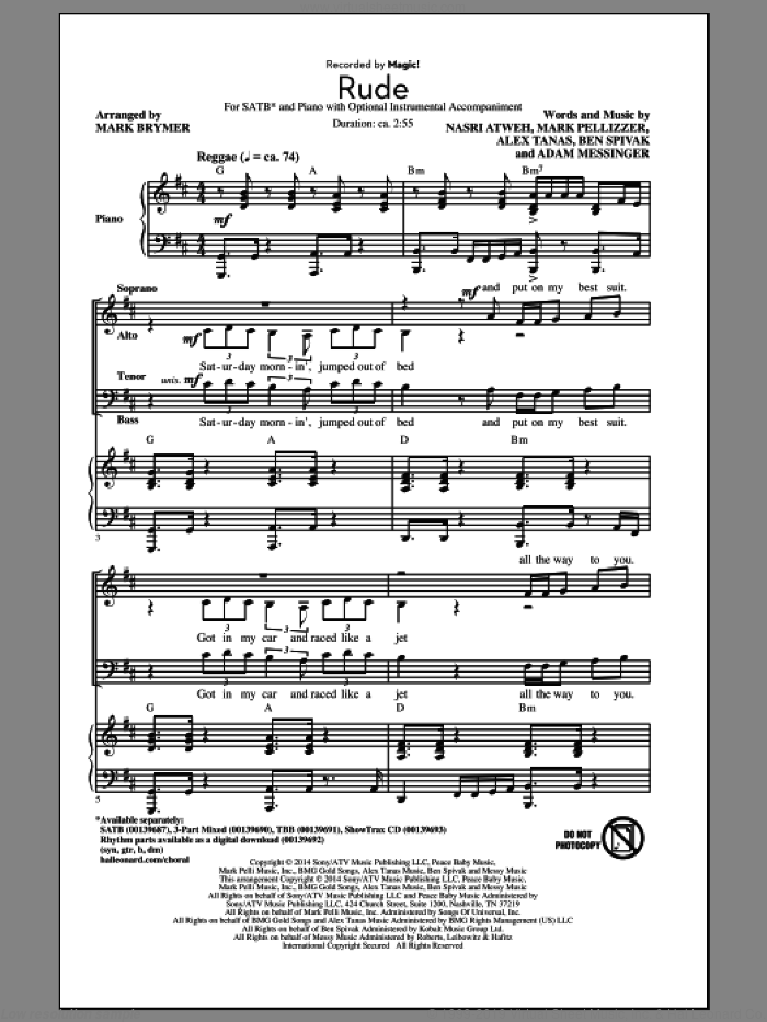 Rude (arr. Mark Brymer) sheet music for choir (SATB: soprano, alto, tenor, bass) by Mark Brymer, MAGIC!, Adam Messinger, Alex Tanas, Ben Spivak, Mark Pellizzer and Nasri Atweh, intermediate skill level