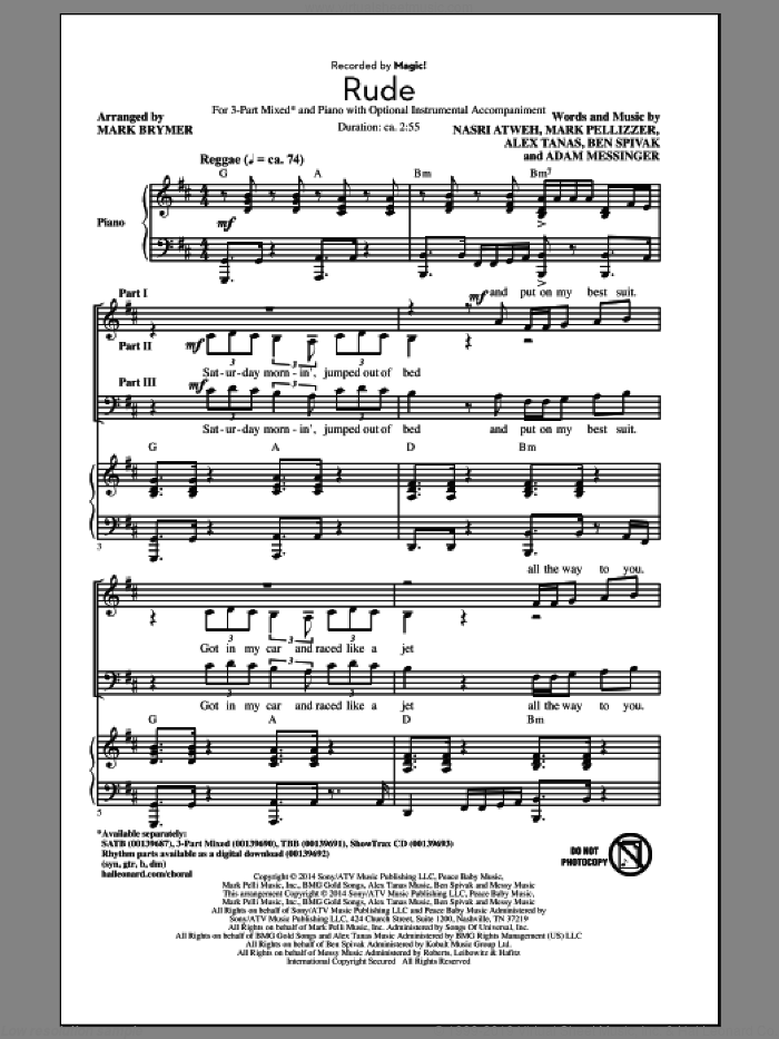 Rude (arr. Mark Brymer) sheet music for choir (3-Part Mixed) by Mark Brymer, MAGIC!, Adam Messinger, Alex Tanas, Ben Spivak, Mark Pellizzer and Nasri Atweh, intermediate skill level